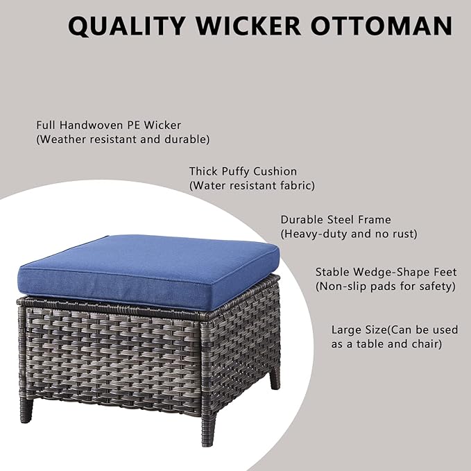 Rilyson Wicker Patio Furniture Set - 5 Piece Rattan Outdoor Sectional Conversation Sets with 2 Chairs,2 Ottomans and 1 Side Table for Porch Deck Garden(Mixed Grey/Blue)