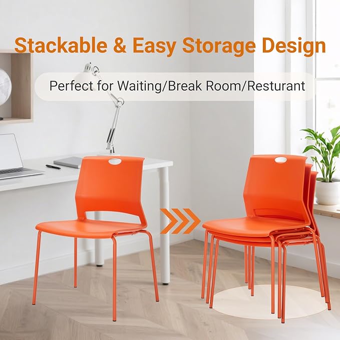 Sidanli Stackable Office Chairs, Orange Guest Chairs with Comfortable Streamline Seat, Stacking Chairs No Wheels for Conference Room, Set of 4.