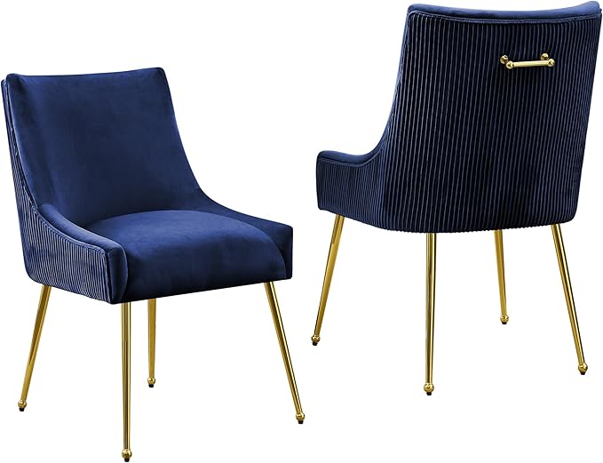 WUTUTUEE Velvet Dining Chairs Set of 2 Gold Legs,Upholstered Velvet Accent Chairs, Pleated Back Design & Gold Pull Handle, Mid Century Modern Chairs for Dining/Kitchen/Living Room,Blue