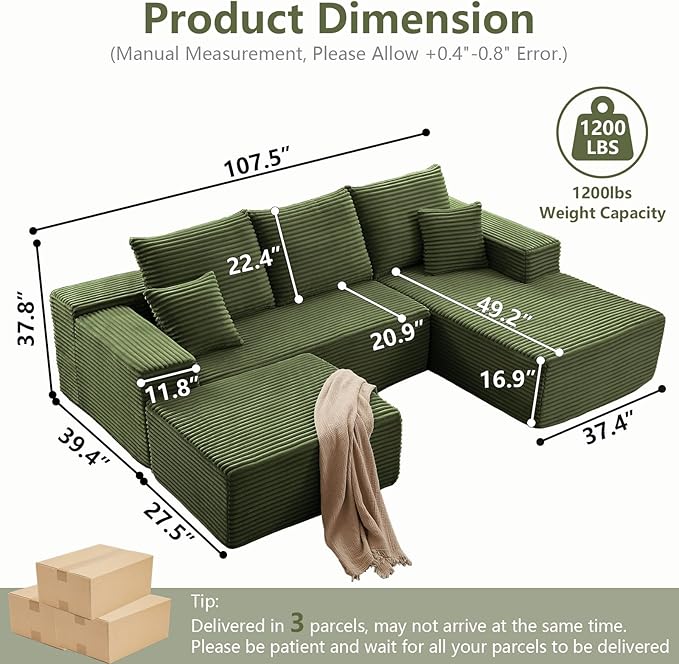 Lakifun 107" U-Shape Cloud Couch, Modern Modular Sectional Comfy L-Shape Sofa with Ottoman, Deep Seat, Upholstered Corduroy Sleeper Chaise Longue for Living Room Bedroom, No Assembly Required, Green
