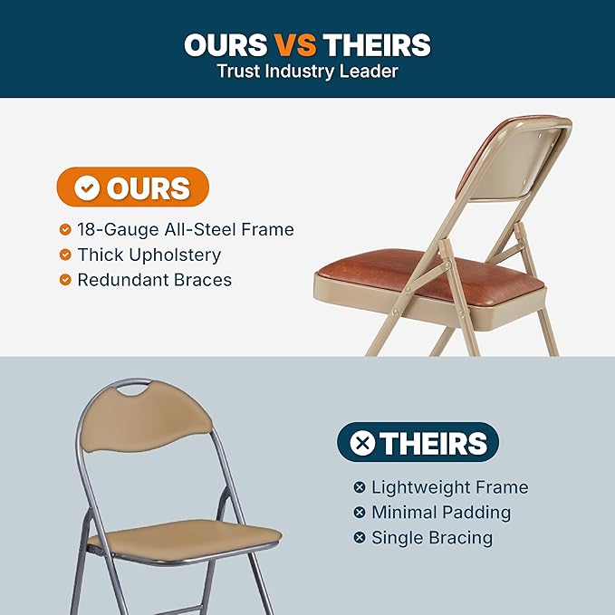 OEF Furnishings OEF1200 Series Premium Heavy Duty Vinyl Padded Folding Chairs, Commercial Grade 500 lb Capacity (4-Pack, Honey Brown)
