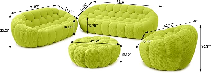 Modular Sectional Sofa,Bubble Couch Set,1 Seater+ LoveSofa+ 3 Seater+Ottoman,Modern Upholstered Bean Bag Sofa Couch Mesh Fabric Lazy Floor Chair Living Roon Sets (Lemon Green, 98.43"+79"+48"+42")