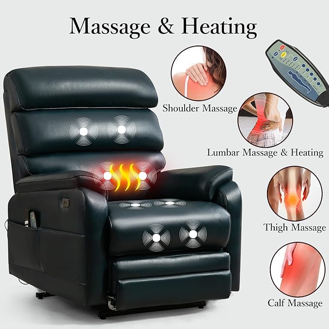 Power Lift Recliner Chair, Big Tall Man Lay Flat Ergonomic Lounge with Extended Footrest for Elderly People, Single Sofa Heat & Massage. Home Theater Seat, USB&Type-C Port (PU Leather, Blue)