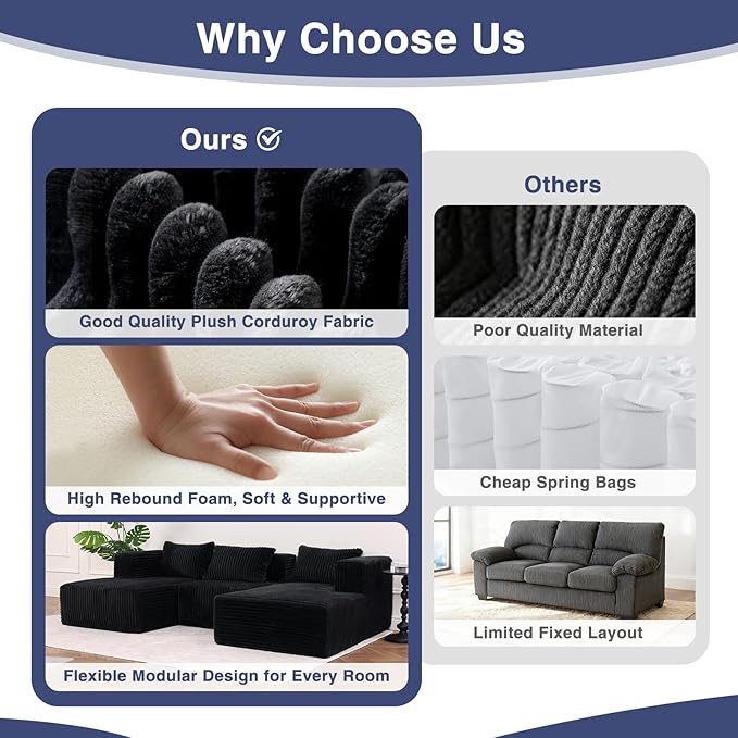 Favoduerme 117” Cloud Sectional Couch for Living Room, L-Shape Modular Convertible Sofa with Chaise, 4 Seater Boneless Couch for Apartment, Large Seat Sofa with Throw Pillow, No Assembly, Black