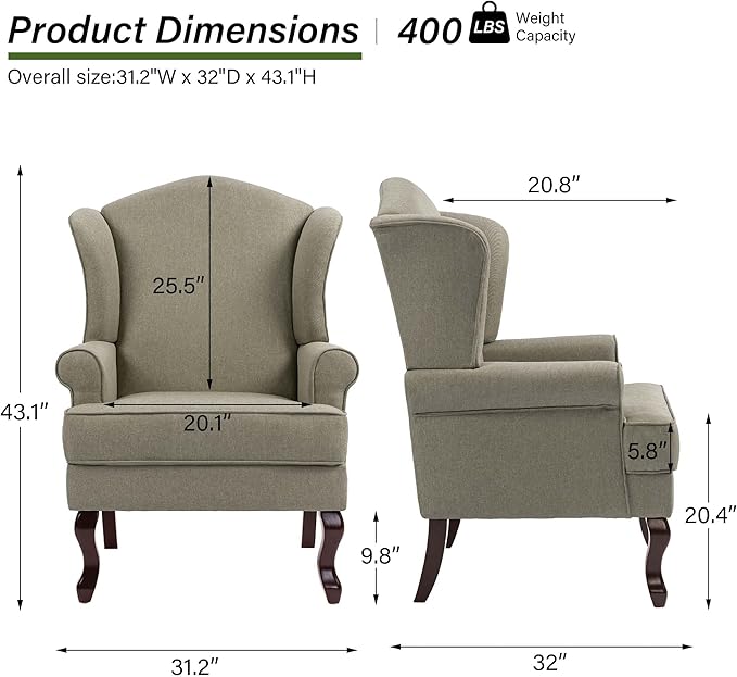 DREAMSIDEA Accent Chair, High Back Upholstered Armchair with High Resilience Sponge & Wood Legs, Mid-Century Modern Comfy Single Sofa Reading Chairs for Living Room, Bedroom (Light Camel, Set of 2)