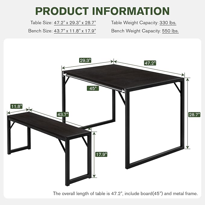 IMUsee 3PC 47.2" Dining Table Set for 4 with Benches, Heavy Duty Metal Frame, Small Space Saving Kitchen Dinette, Wood Board and Black Legs
