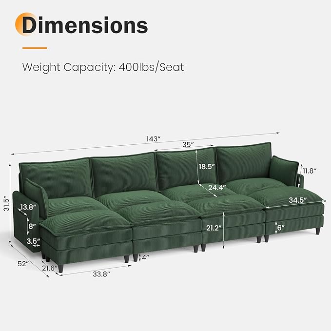 Apicizon 143" Cloud Sofa Sectional, Modern Corduroy Cloud Sofa Set with Side Storage Pocket, Comfy Convertible Sleeper Couch with Chaise for Living Room, Apartment, Office, Green