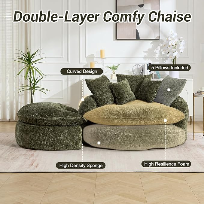 54" Oversized Round Chaise Lounge Indoor Boneless Bean Bag Chair with Movable Ottoman Fluffy Comfy Reading Chair Large Circle Cloud Couch Sleeper Sofa Bed for Living Room, Bedroom, Apartment, Green