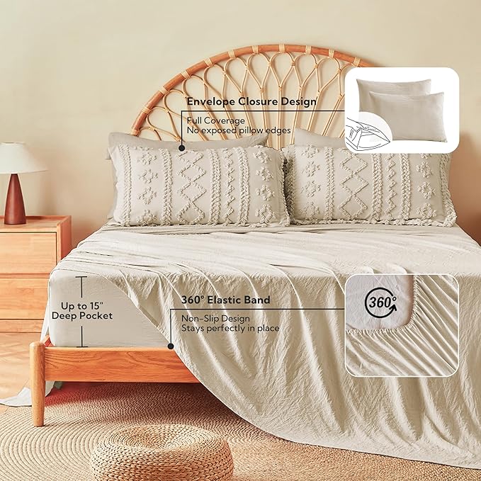 MR&HM Tufted Boho Comforter Set Queen, Linen Farmhouse Bedding Set, Bed in a Bag Set 7 Pieces with 1 Comforter, 2 Pillow Shams, 2 Pillowcases, 1 Flat Sheet, 1 Fitted Sheet for All Seasons