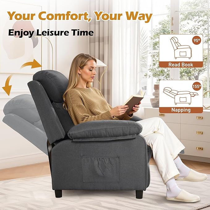Recliner Chair, Living Room Chairs for Adults, Padded Deep Seat Reading Chair with Side Pockets, Small Recliners for Small Spaces, Lounge Chair for Living Room, Bedroom, and RV (Linen)