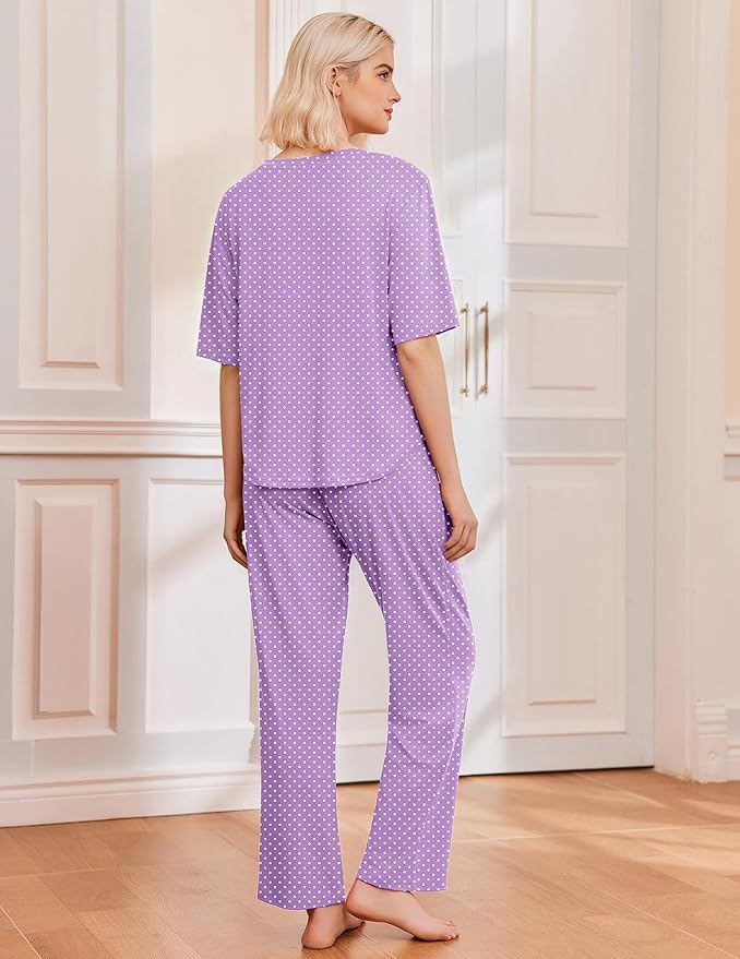 Ekouaer 2 Pack Womens Pajama Sets Short Sleeve Tops and Long Pants Casual Comfy Pjs Lounge Set with Pockets,S-XXL
