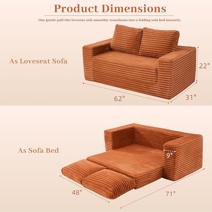 HABUTWAY Convertible Folding Sofa Bed Couch,3 in 1 Pull Out Couch Bed,Loveseat Sleeper Sofa Bed,Boneless Couches with Pillows for Living Room Bedroom, Brown