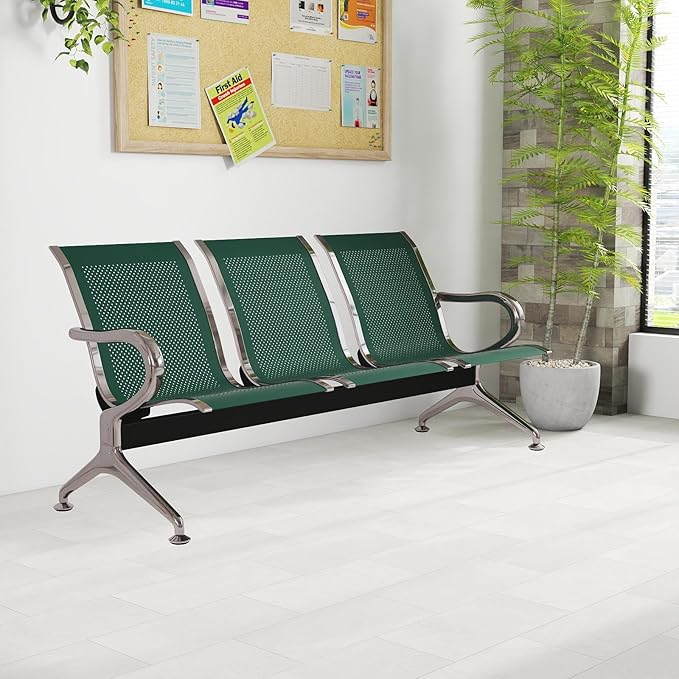 Kinfant 3-Seat Waiting Room Chair - Office Guest Reception Chairs with Ergonomic Backrests, Airport Waiting Bench with Armrests, Metal Waiting Furniture for Hospital, Bank, Salon, Dark Green