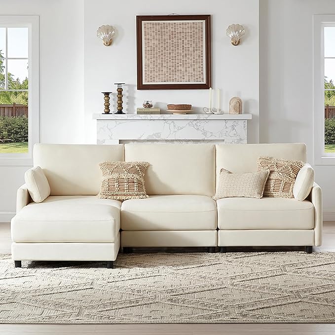 CHITA L Shaped Modular Sectional Sofa with Ottoman, Modern Cloud Couch for Living Room and Apartment, 4 Seat Extra Comfty Sofa, Removable Cover, 107 Inch Width, Cream