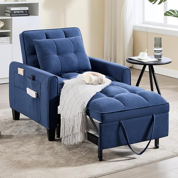 choairy Convertible Sleeper Chair, 3 in 1 Sleeper Chair Bed Pull Out Sofa Bed Chair, Single Sofa Bed Adjustable Backrest Chairs Bed Sleeper for Adults Reading Living Room, Bedroom, Velvet Blue