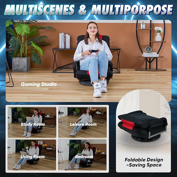 Swivel Gaming Chair 360 Degree Multipurpose 2PACK Floor Chair w/Armrest & 6 Adjustable Postions Backrest for Adults & Kids, for Reading, Gaming, Watching, Relaxing, Red