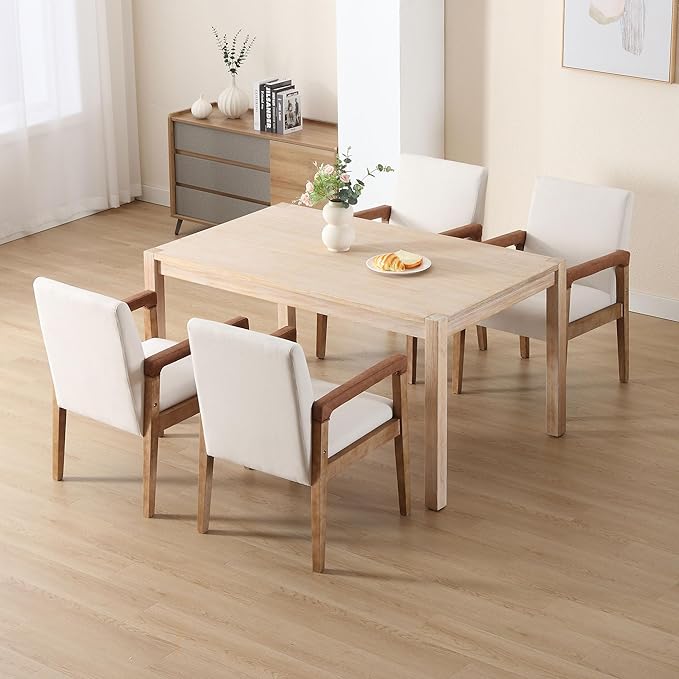 DM Furniture Mid Century Modern Dining Chairs Set of 4 Linen Fabric Upholstered Kitchen Chairs Comfy Accent Side Chairs with Solid Wood Frame Armchair for Living Room, Ivory