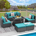 RADIATA 7 Piece Wicker Patio Furniture Set with Fire Pit, All-Weather Outdoor Sectional Couch High Back Large Size, Modular Backyard Seating Sofa Set with Propane/Natural Gas Firepit Table, Grey&Teal