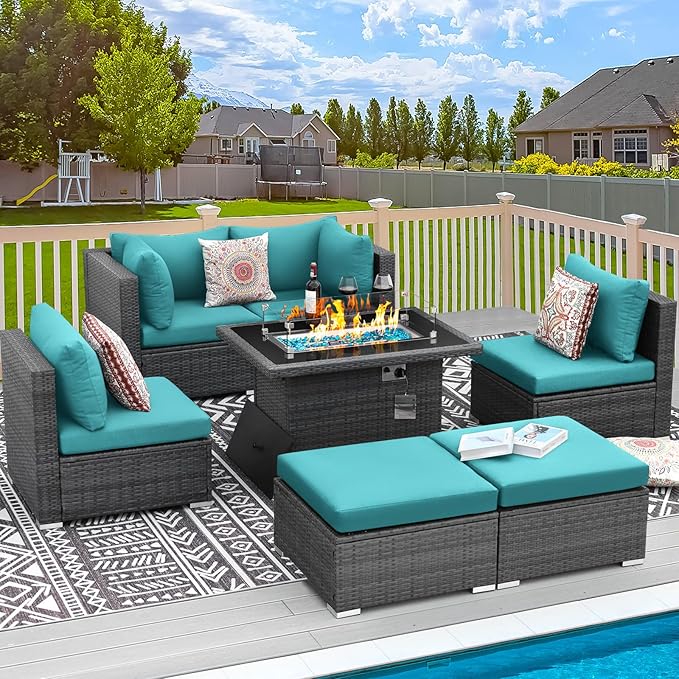 RADIATA 7 Piece Wicker Patio Furniture Set with Fire Pit, All-Weather Outdoor Sectional Couch High Back Large Size, Modular Backyard Seating Sofa Set with Propane/Natural Gas Firepit Table, Grey&Teal