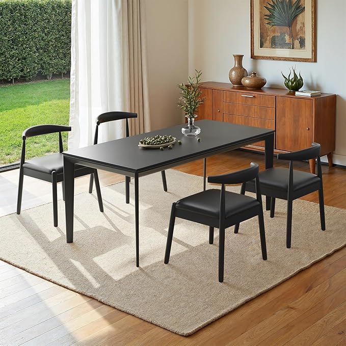 Farini Mid Century Modern Dining Chairs Set of 2, Solid Wood Frame Kitchen Chairs with PU Leather Upholstered Seat for Dining Room & Breakfast Nook,Black-Black