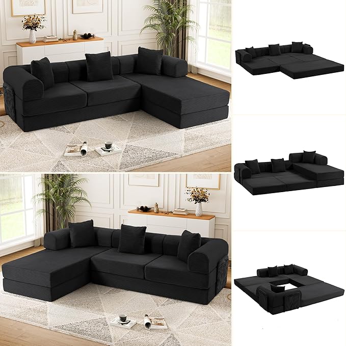 106.3" Oversized Convertible Sleeper Sofa Bed, L Shape Modular Sectional Cloud Sofa with Fixed-Shape Frame, Boneless Couch with Storage Pocket for Living Room, No Assembly Required, Black