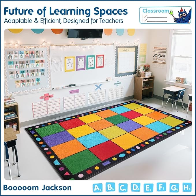 Booooom Jackson 7'6''x13' Colorful Square Seating Classroom Rug for Kids Room Seating Décor - Thick Nylon Preschool Carpet Daycare Rug for Teaching, Playroom, Non-Slip &No Triping,20X Stain Resistance