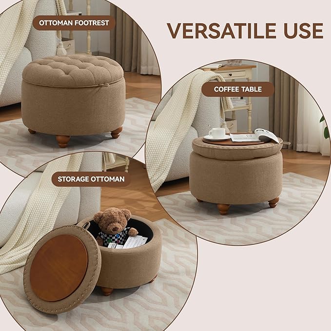WUTUTUEE 24Inch Round Storage Ottoman with Tray, Modern Tufted Fabric Circle Coffee Table with Storage, Upholstered Ottoman with Removable Top for Living Room, Bedroom, Brown