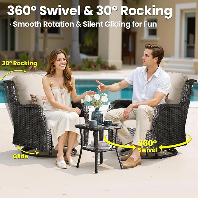 ovios 10 Pieces Patio Furniture Set, Outdoor Wicker Sofa Couch with Swivel Chairs 54" Fire Pit Table, High Back Modern All Weather Conversation Sets, Brown Rattan, Beige