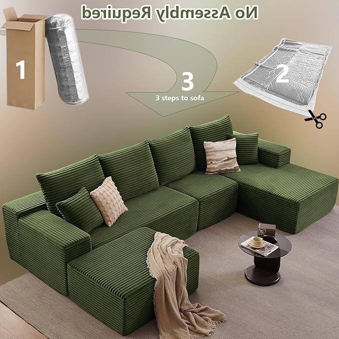 Lakifun 135" U-Shape Cloud Couch, Modern Modular Sectional Comfy L-Shape Sofa with Ottoman, Deep Seat, Upholstered Corduroy Sleeper Chaise Longue for Living Room Bedroom, No Assembly Required, Green