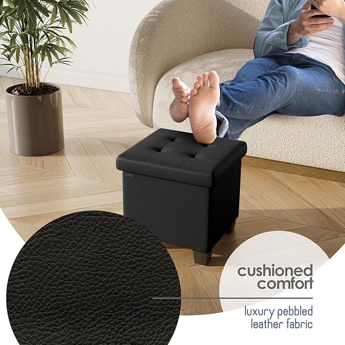 Storage Ottoman Cube with Small Bin, 16-in Square Ottoman with Storage for Living Room and Bedroom, Small Ottomans Foot Rest, Faux Leather Foot Stools Ottomans Max 330lbs, Black