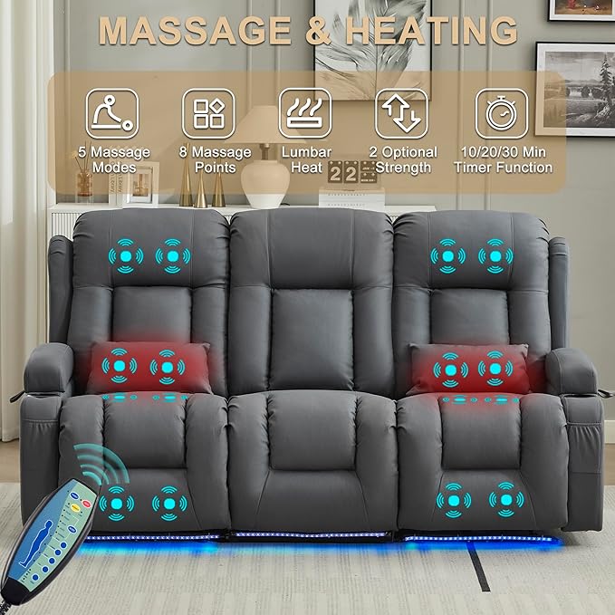 URRED Loveseat Recliner Sofa with Massage and Heat, Flip Middle Backrest Design 3 Seat Power Reclining RV Sofa Couch, Home Theater Seating with LED Lights, USB Ports, Outlets, Leathaire Blue