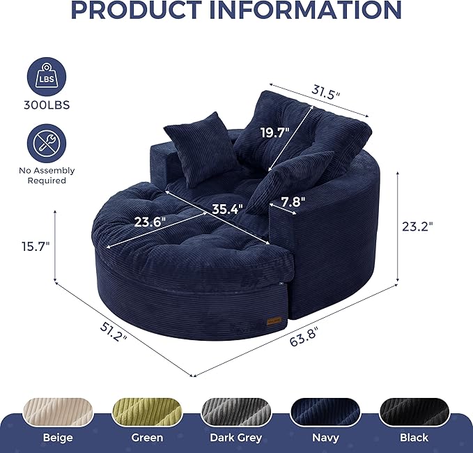 MAXYOYO Modular Sectional Chaise Lounge Sofa, Round Upholstered Lounge Chair with Ottoman, Comfy Couch with Layered Cushion, Tufted Sleeper Chair for Living Room, No Assembly, Navy