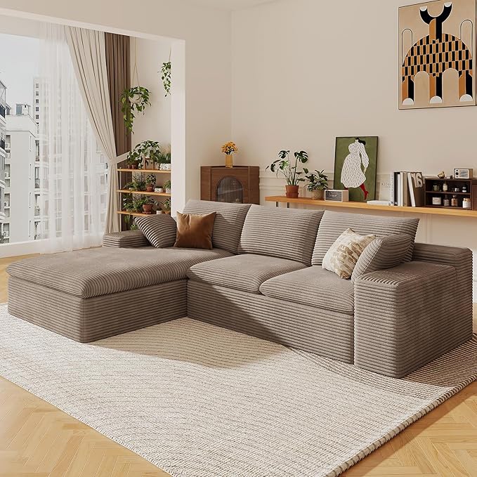 107" Cloud Sectional Couch with L-Shape Chaise, Modern Corduroy Viral Boneless Sofa for Living Room,Memory Foam Couches in a Box with Deep Seat,No Assembly Required (Camel,Left-Facing Chaise)