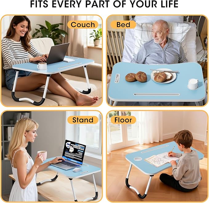 Folding Lap Desk, 23.6 Inch Wood Laptop Bed Desk with Cup Holder, Portable Bed Table for Working Writing Reading & Eating for Bed, Sofa, Couch, Floor - Blue