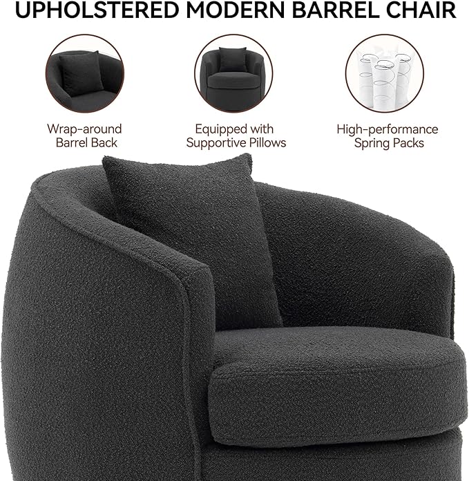 FaFaSoGoodFa Swivel Accent Chair Set, Modern Upholstered Boucle Barrel Arm Chairs with Pillow for Living Room, 360 Degree Round Swivel Sherpa Armchair with Round Base for Bedroom Club (2, Dark Grey)