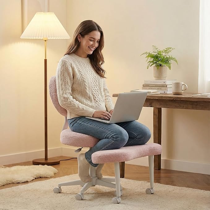 Cross Legged Chair, Meditation Chair Plus with 360° Swivel Wheels for ADHD/Fidgety Sitters, Height Adjustable & Ergonomic Lumbar Support, Teddy Fabric, Pink Home Office Furniture