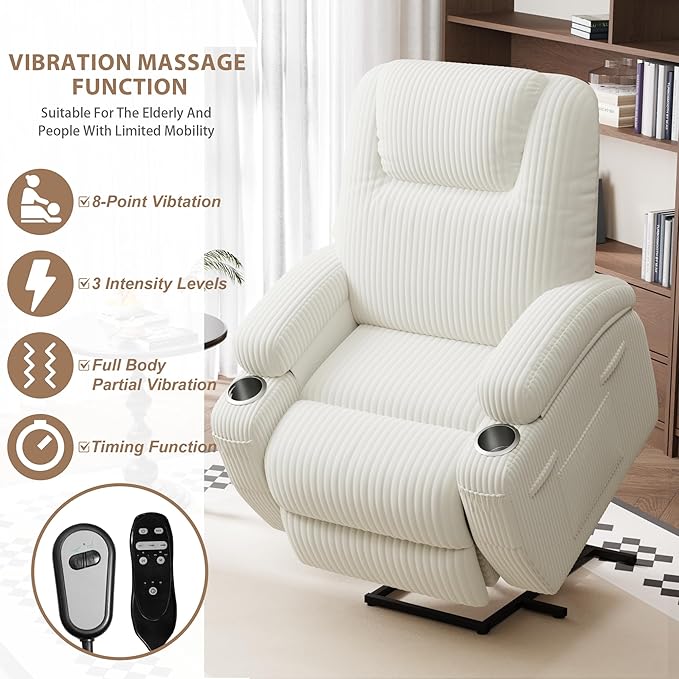 Flamaker Power Lift Chair Massage Recliner Chairs for Elderly, Corduroy Ergonomic Design with Cup Holders & Side Pockets, Remote Control (White)