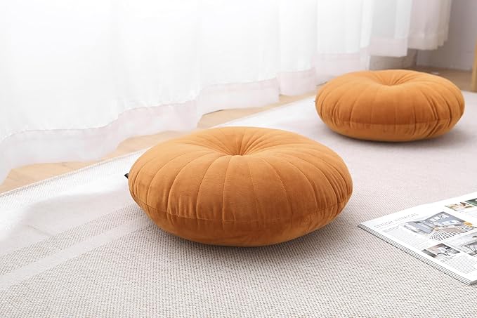 Floor Pillow Meditation Cushion Round Large Floor Pillows Seating for Adults, Velvet Thick Floor Cushions for Yoga Living Room Balcony Outdoor Tatami 18inch（Caramel）