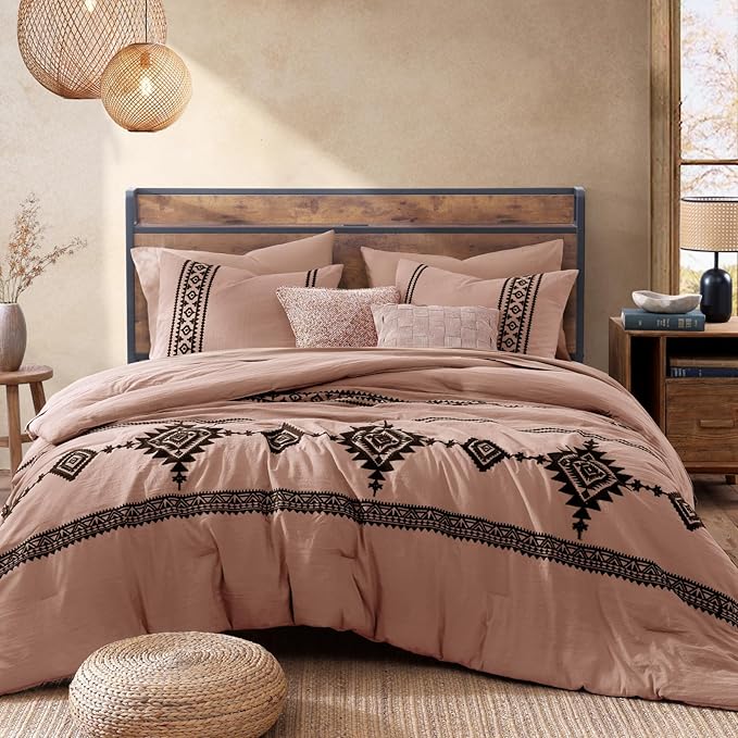 MaiRêve Embroidery Comforter Set, Boho Farmhouse Western Bedding Set, All Season Bed in A Bag Comforter Set with Sheets, Pillowcases & Shams, Dusty Pink Queen 7 Pieces