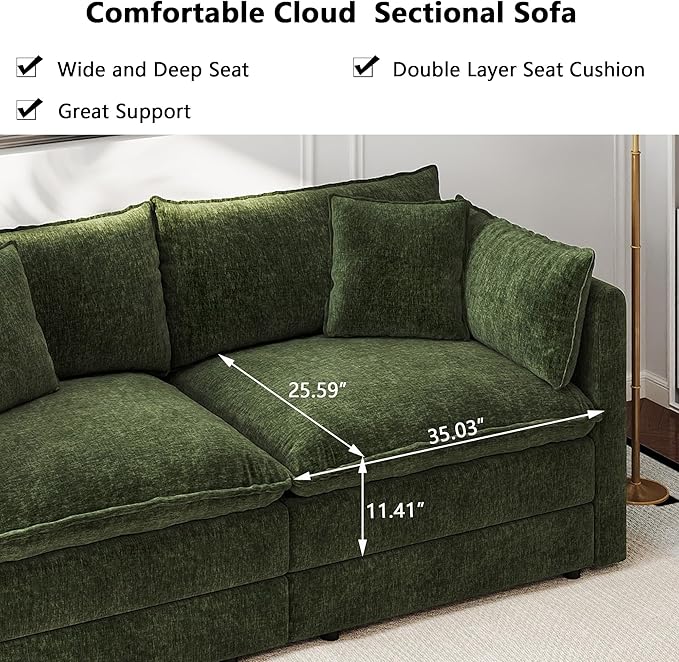 Aoowow Modular Sectional Sofa Modern Convertible U Shaped Couch,112.2 Inch Deep 3-Seater Sofas Set Comfy Chenille Cloud Sofas and Couches with Movable Ottoman for Living Room Apartment（Green）
