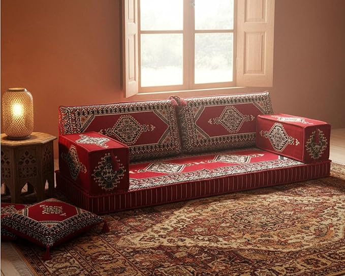 Arabic Majlis Floor Seating Set, Arabic Majlis, Turkish Sofa, Floor Cushions, Seating Cushions, Moroccan Home Decoration, Moroccan Terrace Pallet Sofas, Sectional Sofas, Red