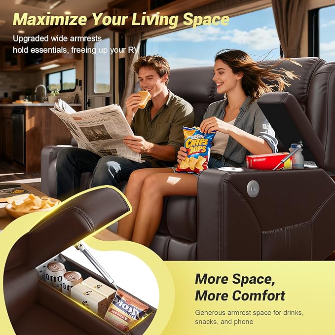 FURNIMAT RV Loveseat Recliner Sofa, 2 Seater Reclining Loveseat Sofa, PU Leather Dual Recliner Couch, Modern Loveseat Couch for Living Room, with Cup Holder and USB Ports, Brown