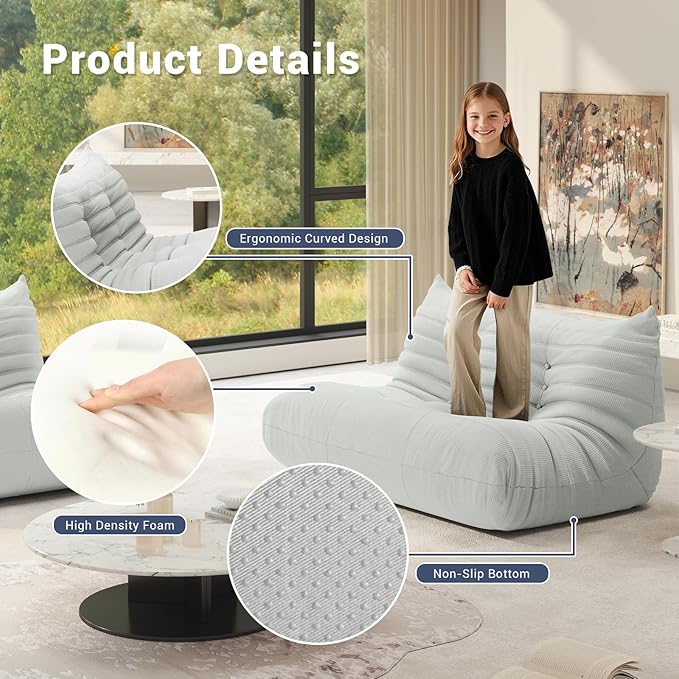 Bean Bag Chair for Adults, Fireside Chair Lazy Floor Sofa, Modern Corduroy Fabric Caterpillar Sofa Couch, Armless Foam Lounger Tatami Recliner Bean Bag Couch for Living Room Bedroom Dorm Office