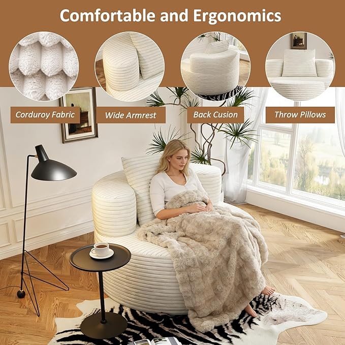 Giant Bean Bag Chair Oversized for Living Room Round Boneless Chair Corduroy Chaise Lounge for Adults Memory Foam Big Accent Sofa Lounge Floor Sofa for Gaming Reading Relax No Assembly Required