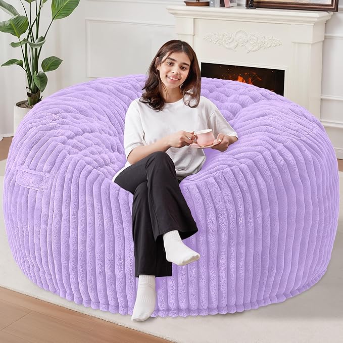 Homguava 6 FT Bean Bag Chair,6' Big Bean Bag,Giant Bean Bag Chairs for Adults with Memory Foam Filled,Comfy Large Beanbag Chairs Soft Bean Bag Sofa with Dutch Corded Plush Cover-Purple