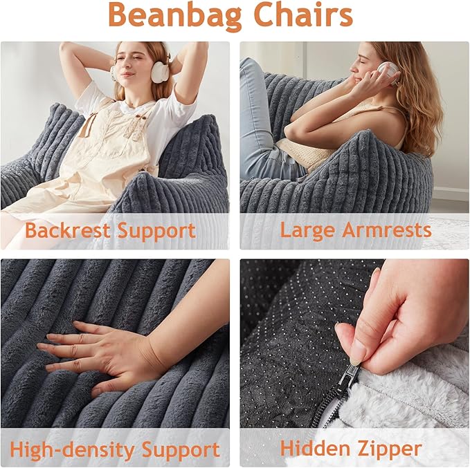 Giant Bean Bag Chairs for Adults with Filling Plush Fluffy Bean Bag Chairs for Teens with Armrests Comfy BeanBag Lazy Couch Sofa Chair for Bedroom Living Room Reading
