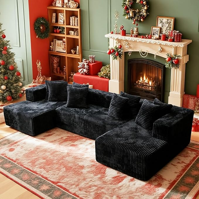 130'' U Shaped Couched for Living Room, Cloud Modular Sectional Couch with 2 Chaise Lounge, Modern Minimalist Upholstered Sofa Sleeper Deep Seat Corner Couch, No Assembly Required Black