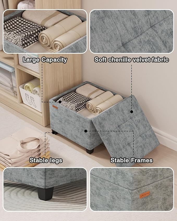 ABHENG 17.7 inches Chenille turfed Ottomans Cube with Storage, Metal-Framed Square Storage Ottoman Foot Rest Stool Holds 770 LB for Dorm Living Room Bedroom Gray UASN641G
