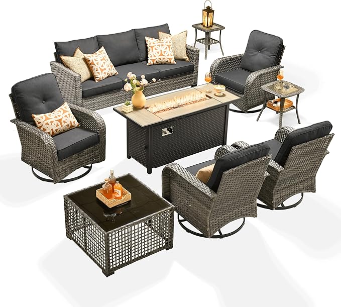 ovios 9 Pieces Patio Furniture Set, Outdoor Wicker Sofa Couch with Rocking Swivel Chairs Fire Pit Table, Modern Deep Seat Rattan Conversation Sets for Porch Deck, Black