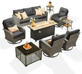 ovios 9 Pieces Patio Furniture Set, Outdoor Wicker Sofa Couch with Rocking Swivel Chairs Fire Pit Table, Modern Deep Seat Rattan Conversation Sets for Porch Deck, Black
